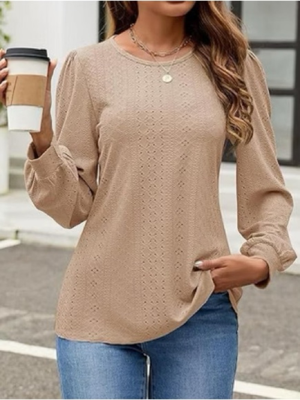 Women's Eyelet Long-Sleeve Blouse in Taupe by